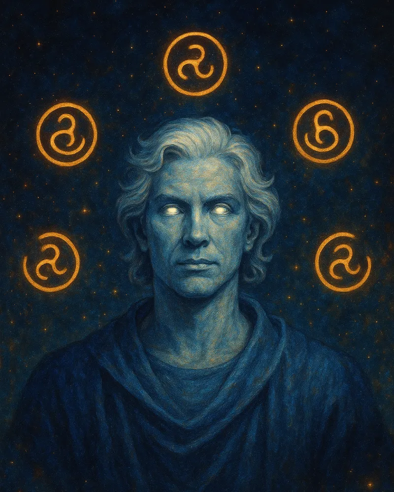 KAIRONTH-EL - Master with glowing eyes surrounded by golden mystical symbols