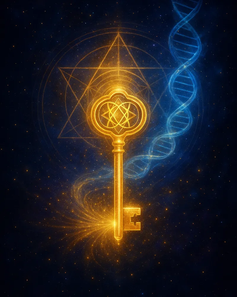 Solar Key - Golden mystical key with sacred geometry and DNA helix energy
