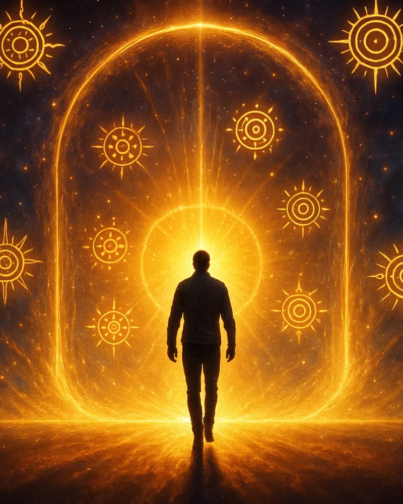 Welcome Portal - Silhouette walking through golden cosmic gateway with sacred symbols